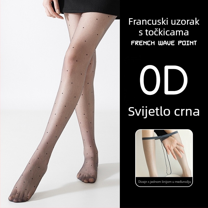 Ženske najlon čarape s točkastim dezenom, prozirne, ultra tanke, 10D, crne