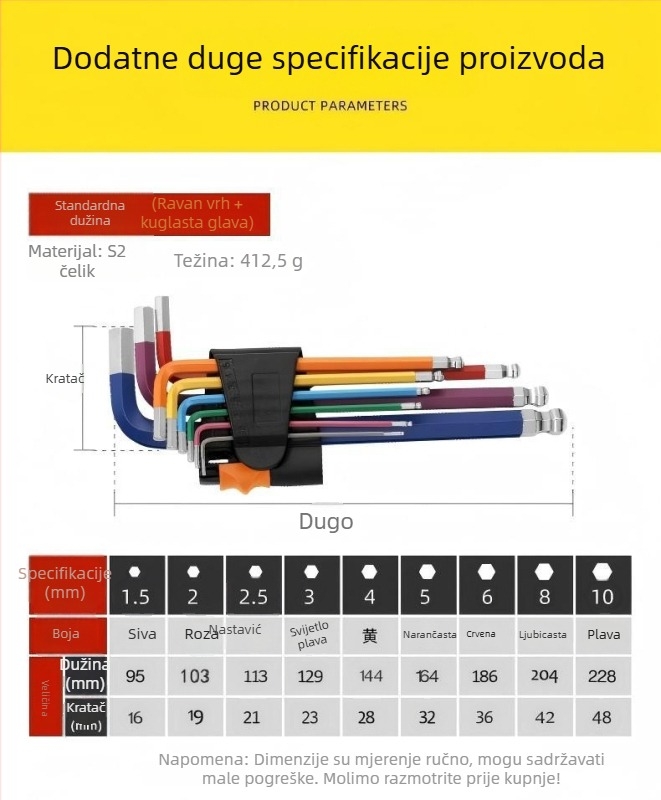 Set od 9 šestouglatih ključeva s kugličnim završetkom, unutarnje šesterokutne glave, čelik nikl-krom