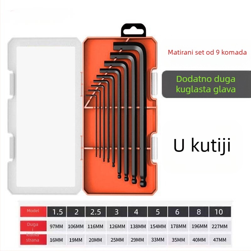 Set od 9 šestouglatih ključeva s kugličnim završetkom, unutarnje šesterokutne glave, čelik nikl-krom