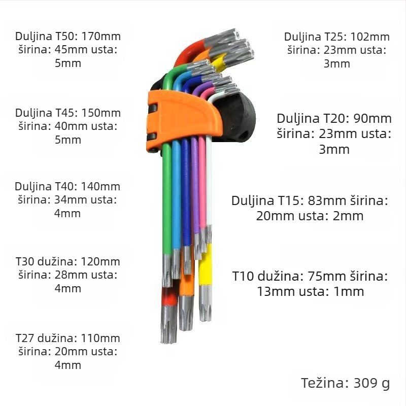 Set od 9 šestouglatih ključeva s kugličnim završetkom, unutarnje šesterokutne glave, čelik nikl-krom