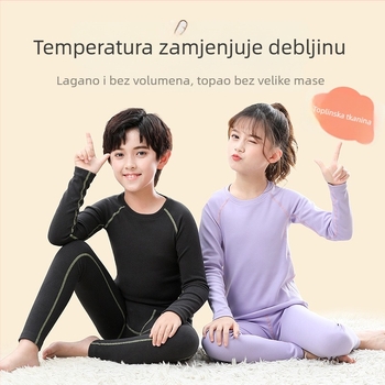 Dječji termalni set s baršunastom podstavom, poliester 90–95%, ultra-tanki 40 g/m², dugi rukav gornji dio i hlače, anti-pilling, za tinejdžere 13–18