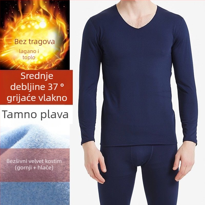 Muški bezšivni termalni komplet, pulover s V-izrezom, uske hlače, poliester, gusta tkanina (201-250 g/m2)