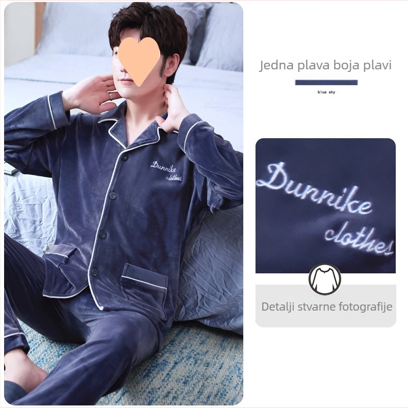 Muški dvodijelni pajama set od Half-Side Fleece, Extra Thick 301-350 g/m², dugi rukavi, long hlače, zima