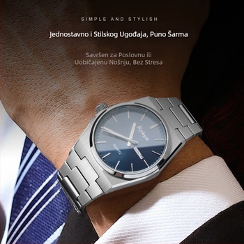 Ultra-tanki luksuzni muški sat, kvarcni mehanizam, vodootpornost 30 m, dvostruki kalendar s prikazom dana, kućište i remen od nehrđajućeg čelika