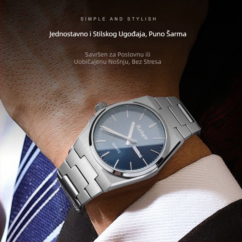 Ultra-tanki luksuzni muški sat, kvarcni mehanizam, vodootpornost 30 m, dvostruki kalendar s prikazom dana, kućište i remen od nehrđajućeg čelika