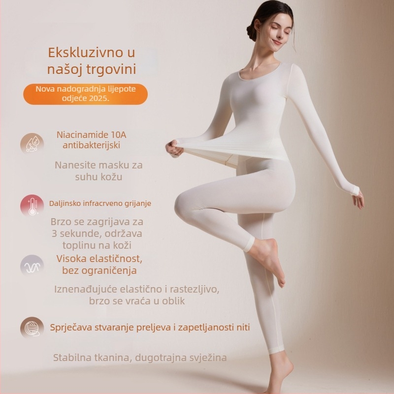 Ženski ultra-tanki termalni set baznog sloja, gornji dio s okruglim izrezom i hlače, prozračan, otporan na piljenje i hvatanje, zadržava toplinu