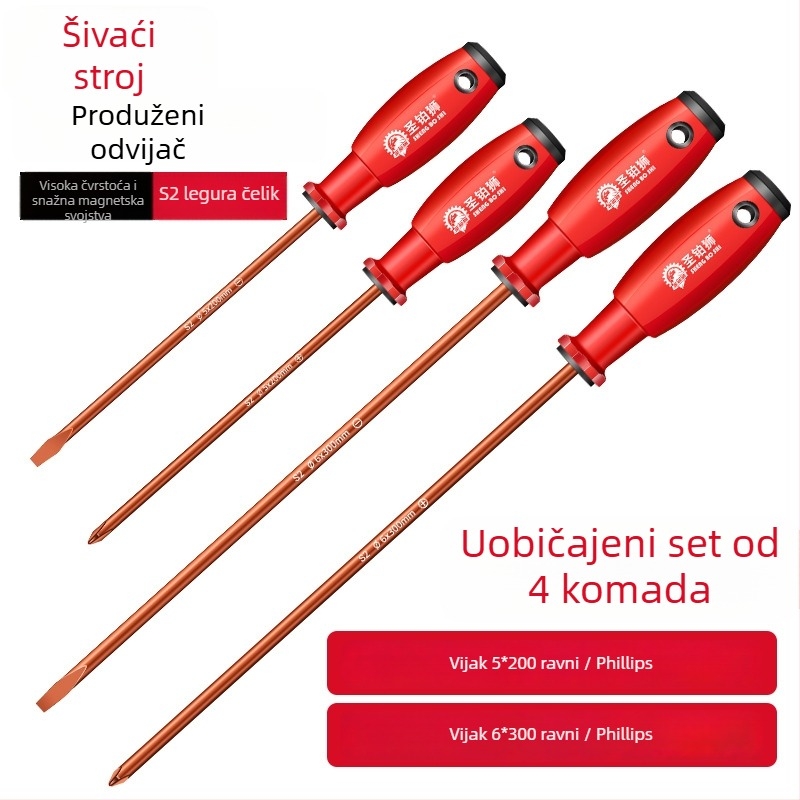 Set odvijača za šivaće strojeve s Phillips i ravnim vrhom, magnetski, visoka tvrdoća, S2 alatna čelika, duga drška