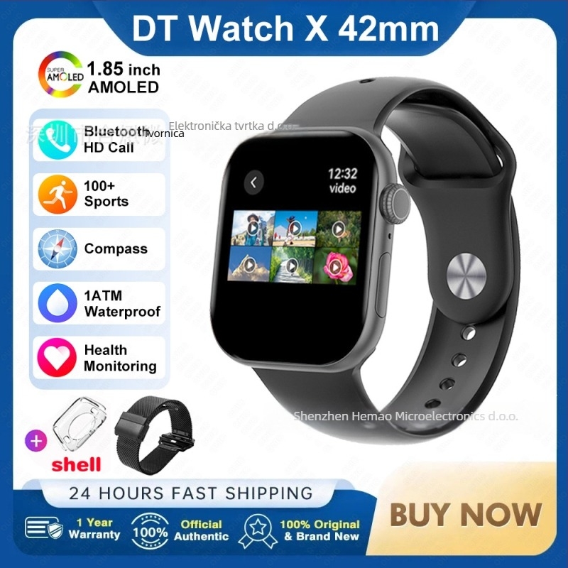 DT WATCH X mini pametni sat s Bluetooth pozivom, AMOLED zaslon, aluminijsko kućište, silikonski remen, kompatibilan s Androidom