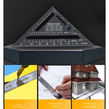 Trojkutno pravokutno ravnalo od aluminijske legure i nehrđajućeg čelika, višenamjenski alat za drvorez, 45° kut, visoka preciznost