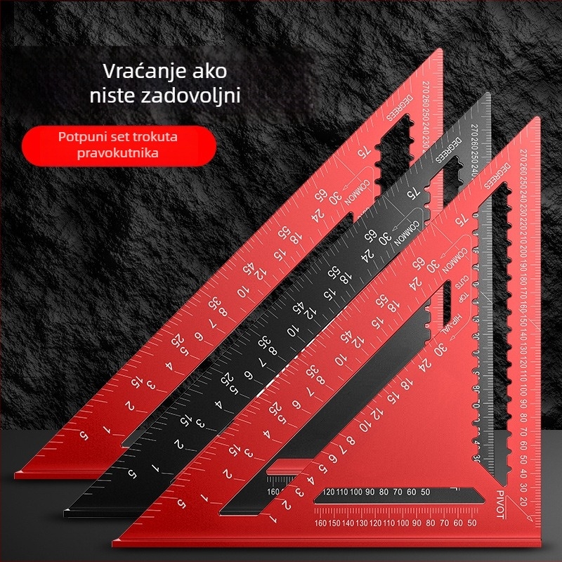 Trojkutno pravokutno ravnalo od aluminijske legure i nehrđajućeg čelika, višenamjenski alat za drvorez, 45° kut, visoka preciznost
