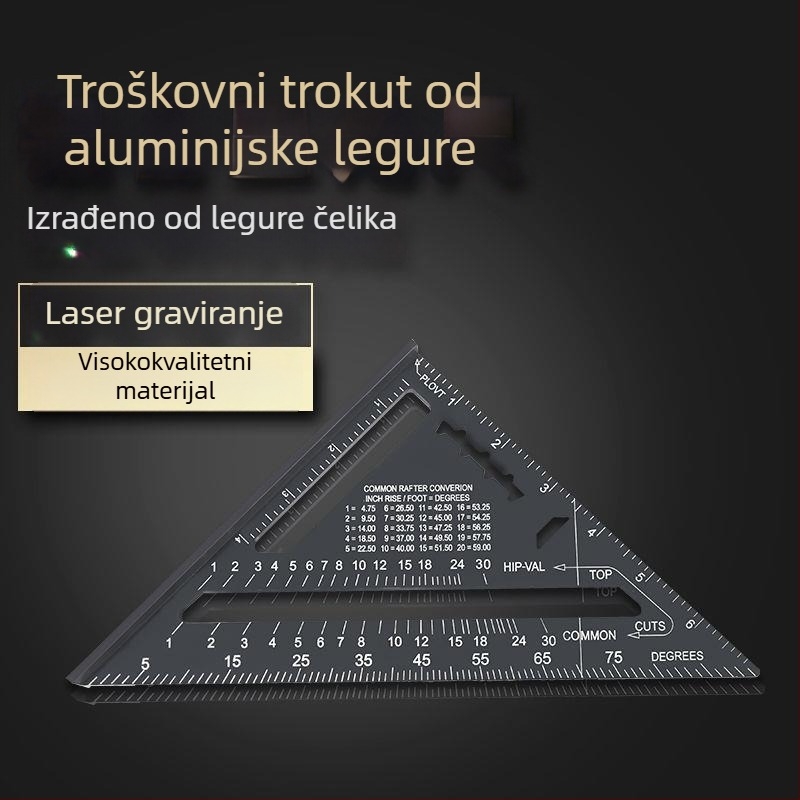 Trojkutno pravokutno ravnalo od aluminijske legure i nehrđajućeg čelika, višenamjenski alat za drvorez, 45° kut, visoka preciznost