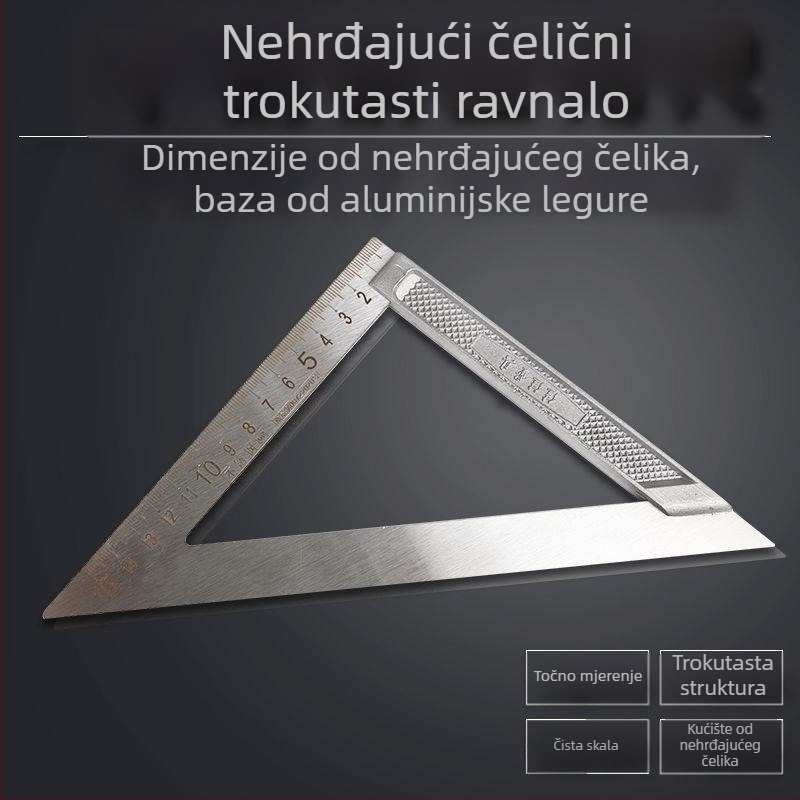 Trojkutno pravokutno ravnalo od aluminijske legure i nehrđajućeg čelika, višenamjenski alat za drvorez, 45° kut, visoka preciznost