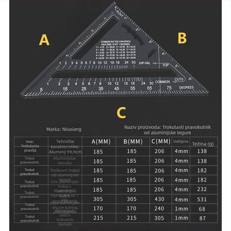 Trojkutno pravokutno ravnalo od aluminijske legure i nehrđajućeg čelika, višenamjenski alat za drvorez, 45° kut, visoka preciznost