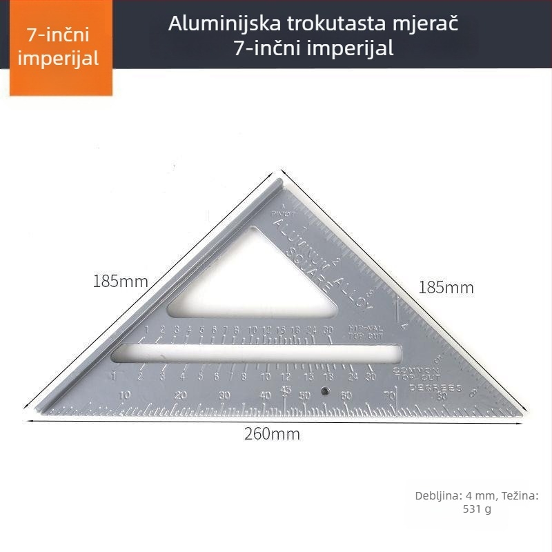 Trojkutno pravokutno ravnalo od aluminijske legure i nehrđajućeg čelika, višenamjenski alat za drvorez, 45° kut, visoka preciznost