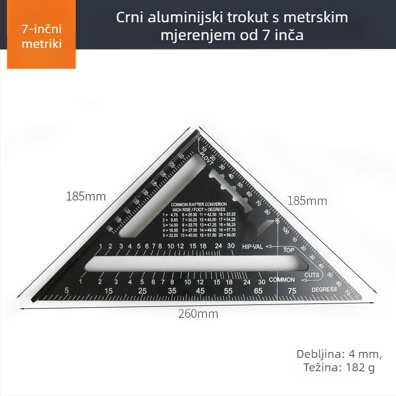 Trojkutno pravokutno ravnalo od aluminijske legure i nehrđajućeg čelika, višenamjenski alat za drvorez, 45° kut, visoka preciznost