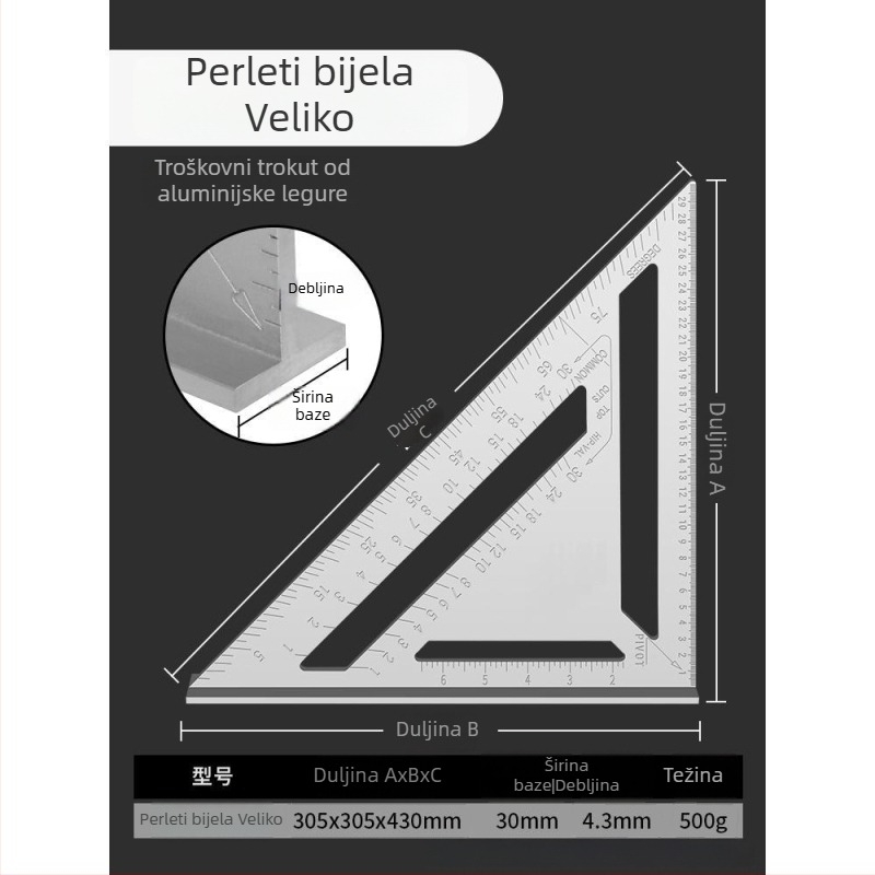 Trojkutno pravokutno ravnalo od aluminijske legure i nehrđajućeg čelika, višenamjenski alat za drvorez, 45° kut, visoka preciznost