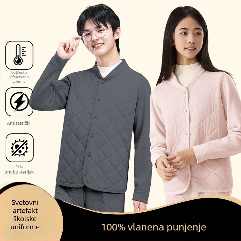 Unisex trodjelni set školskih uniform od ovčje vune: debeli kardigan s polugornim ovratnikom, prsluk i hlače, velur podstava, gustoća materijala 401–500 g/m2, uzrast 13–18 godina