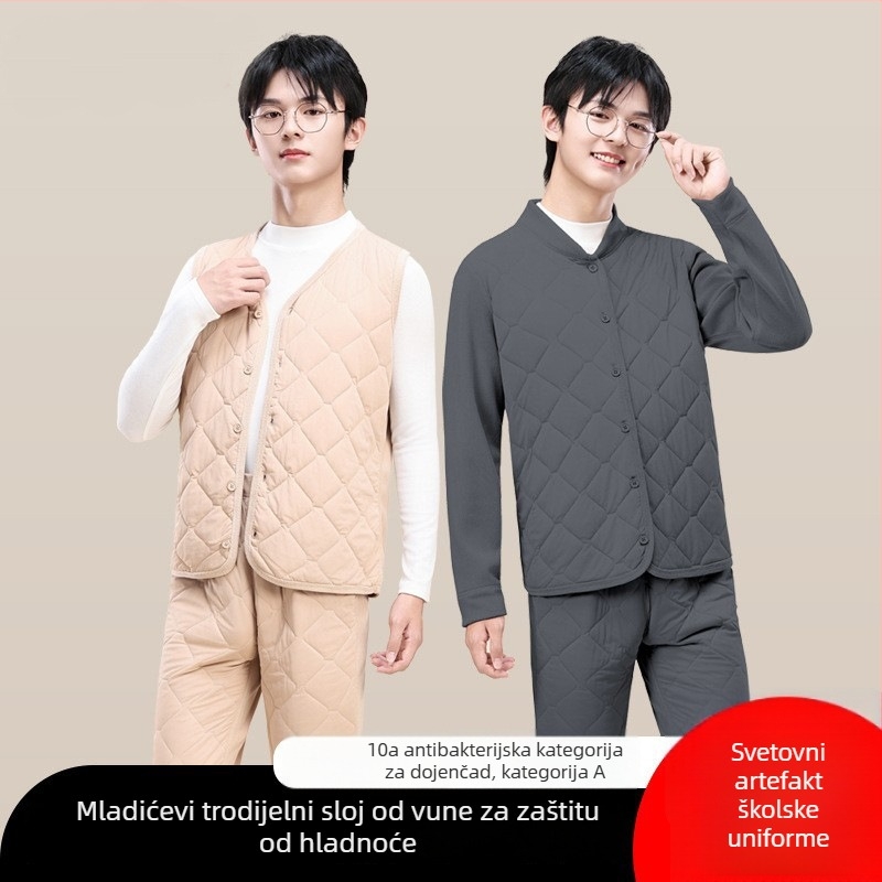 Unisex trodjelni set školskih uniform od ovčje vune: debeli kardigan s polugornim ovratnikom, prsluk i hlače, velur podstava, gustoća materijala 401–500 g/m2, uzrast 13–18 godina