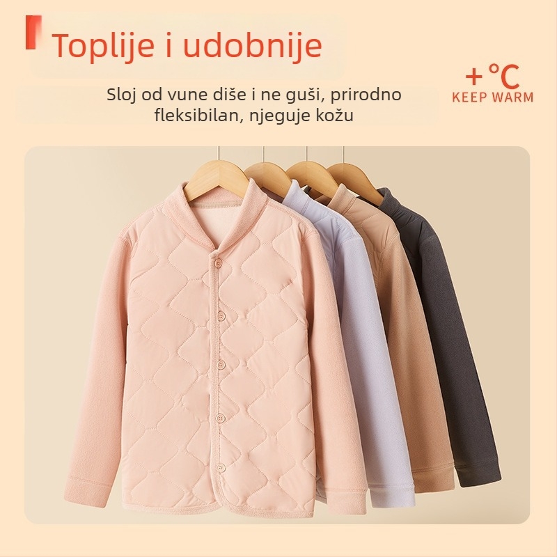Unisex trodjelni set školskih uniform od ovčje vune: debeli kardigan s polugornim ovratnikom, prsluk i hlače, velur podstava, gustoća materijala 401–500 g/m2, uzrast 13–18 godina