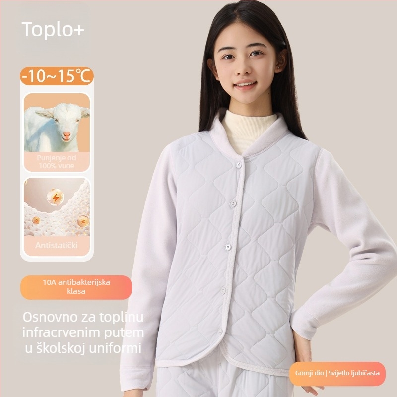 Unisex trodjelni set školskih uniform od ovčje vune: debeli kardigan s polugornim ovratnikom, prsluk i hlače, velur podstava, gustoća materijala 401–500 g/m2, uzrast 13–18 godina