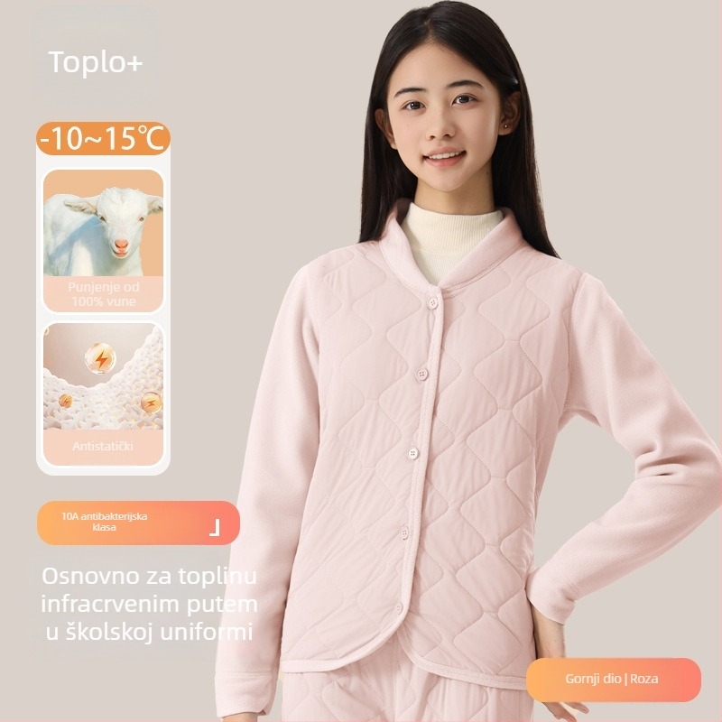 Unisex trodjelni set školskih uniform od ovčje vune: debeli kardigan s polugornim ovratnikom, prsluk i hlače, velur podstava, gustoća materijala 401–500 g/m2, uzrast 13–18 godina