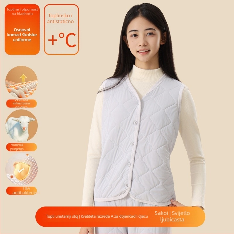 Unisex trodjelni set školskih uniform od ovčje vune: debeli kardigan s polugornim ovratnikom, prsluk i hlače, velur podstava, gustoća materijala 401–500 g/m2, uzrast 13–18 godina