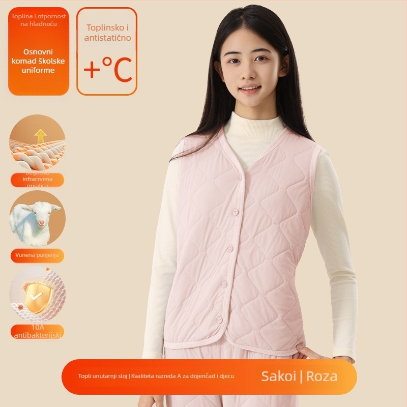 Unisex trodjelni set školskih uniform od ovčje vune: debeli kardigan s polugornim ovratnikom, prsluk i hlače, velur podstava, gustoća materijala 401–500 g/m2, uzrast 13–18 godina