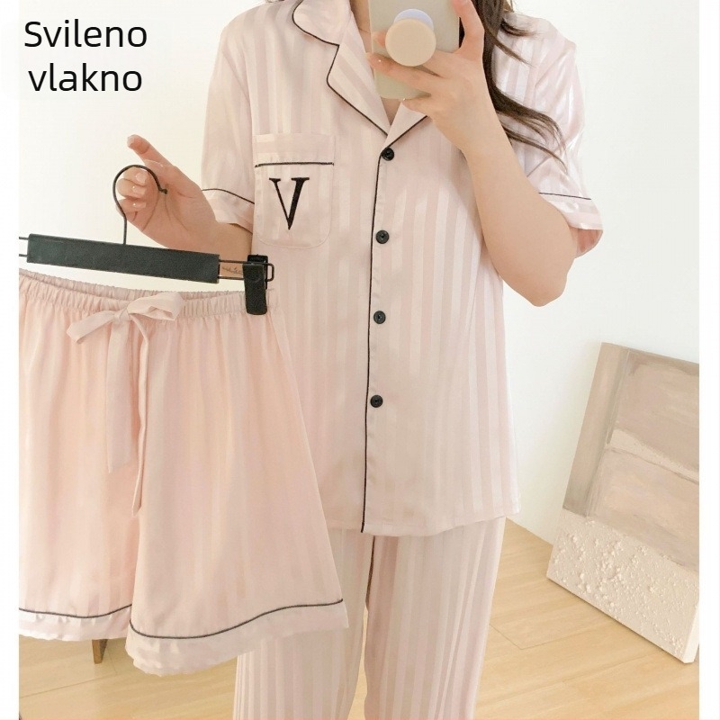 Set pidžama s prugama od ledenog svile, lagan kroj, elegantan kućni outfit za ljeto i jesen