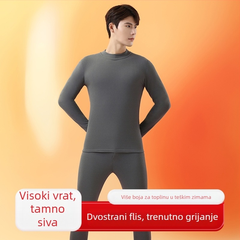 Unisex termalni set: dvostruki sloj top i hlače, okrugli ovratnik, dugi rukavi, srednje težine poliestera (181–200 g/m²), Derong tkanina