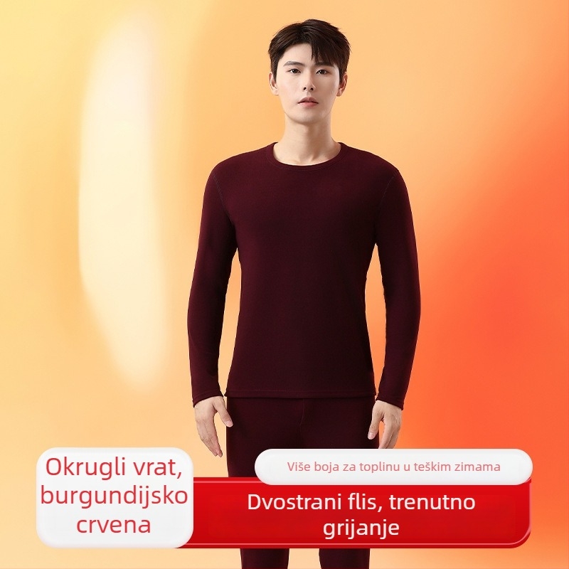 Unisex termalni set: dvostruki sloj top i hlače, okrugli ovratnik, dugi rukavi, srednje težine poliestera (181–200 g/m²), Derong tkanina