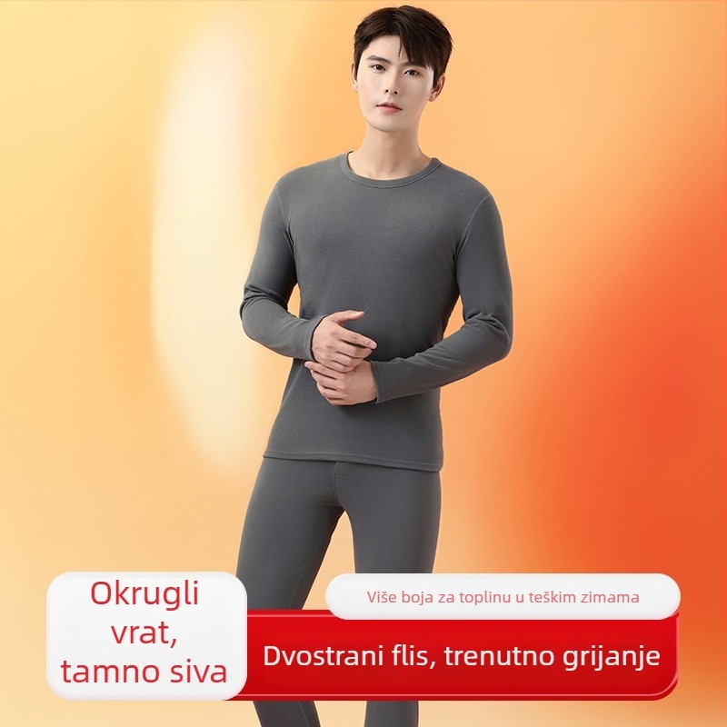 Unisex termalni set: dvostruki sloj top i hlače, okrugli ovratnik, dugi rukavi, srednje težine poliestera (181–200 g/m²), Derong tkanina