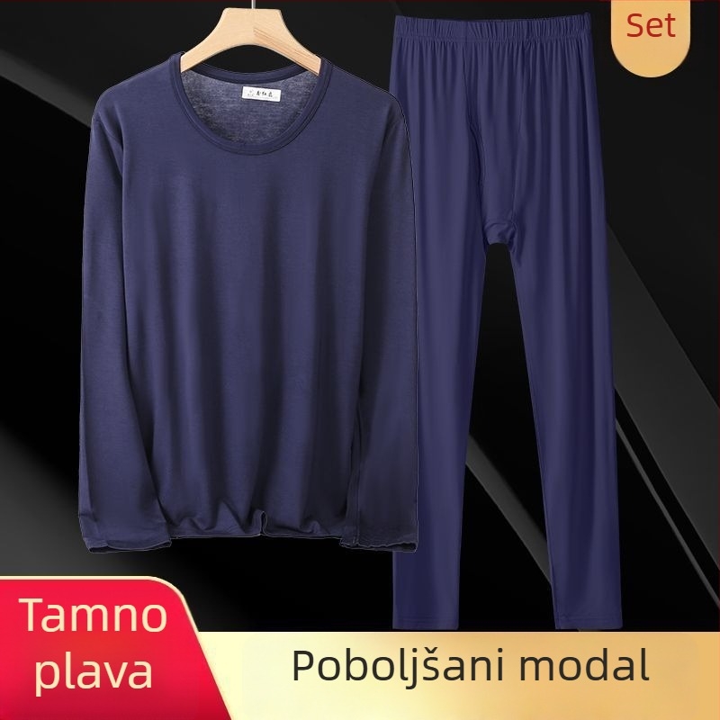 Muški tanki jesenski modalni set donjeg rublja s okruglim izrezom i hlačama, kućna odjeća, visoka elastičnost, plus veličina