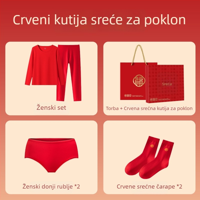 Komplet termalnog donjeg rublja od 100% pamuka, s flis podstavom i debljim slojem, unisex, živopisno crvene boje, jesenski gornji dio i hlače
