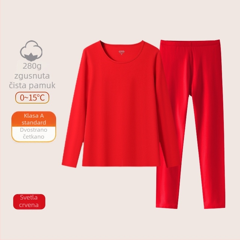 Komplet termalnog donjeg rublja od 100% pamuka, s flis podstavom i debljim slojem, unisex, živopisno crvene boje, jesenski gornji dio i hlače