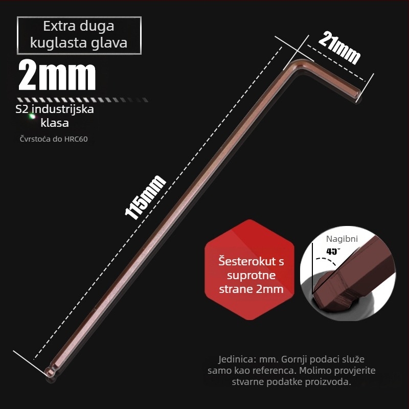Allen ključ s kugličnom glavom od S2 čelika, L-oblik, produžen, unutarnji šesterokut 2,5 mm i 4 mm