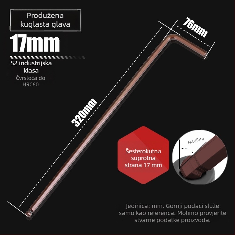 Allen ključ s kugličnom glavom od S2 čelika, L-oblik, produžen, unutarnji šesterokut 2,5 mm i 4 mm