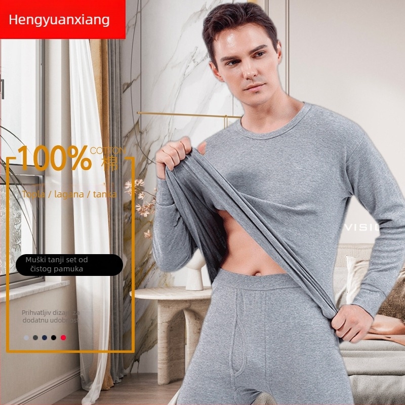 Muški pamučni termalni set donjeg rublja – pulover gornji dio, kružni vrat, dugi rukavi, 100% pamuk, jednodijelni sloj