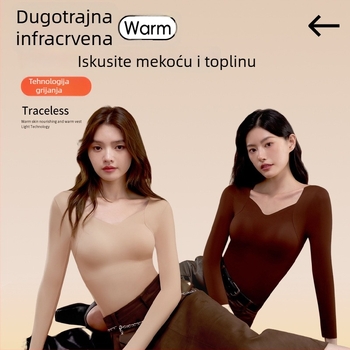 Ženski najlonski termalni bazni gornji dio s V-izrezom, dugi rukav, jednobojna boja, zadržava toplinu