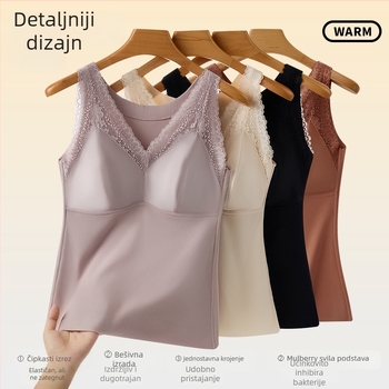 Ženska termalna majica od najlona s V izrezom, ugrađene košarice i nadomještak, dvostruki sloj, antistatika, zagrijava