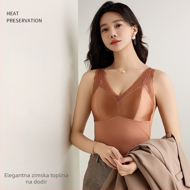 Ženska termalna majica od najlona s V izrezom, ugrađene košarice i nadomještak, dvostruki sloj, antistatika, zagrijava