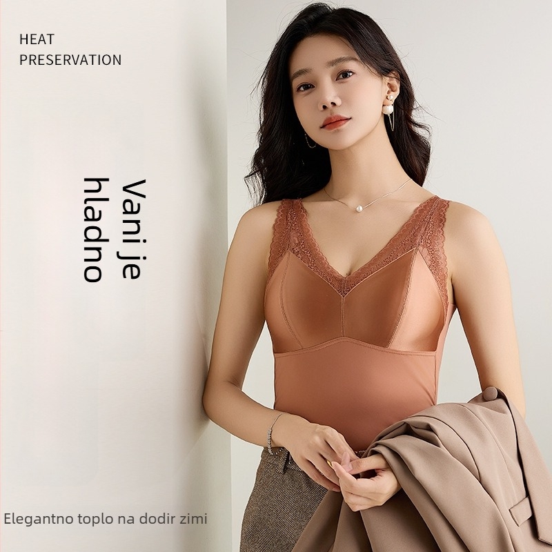 Ženska termalna majica od najlona s V izrezom, ugrađene košarice i nadomještak, dvostruki sloj, antistatika, zagrijava