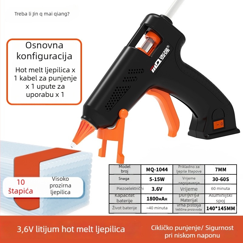 Bežični pištolj za topljeno ljepilo s Li baterijom 3.6V i 7 mm štapićima ljepila