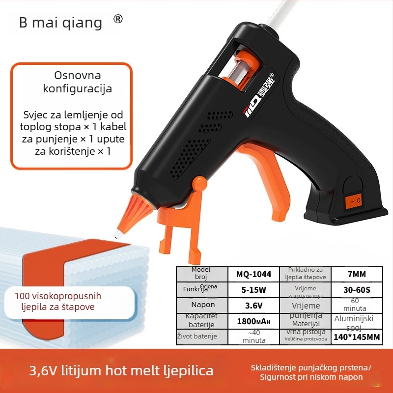 Bežični pištolj za topljeno ljepilo s Li baterijom 3.6V i 7 mm štapićima ljepila