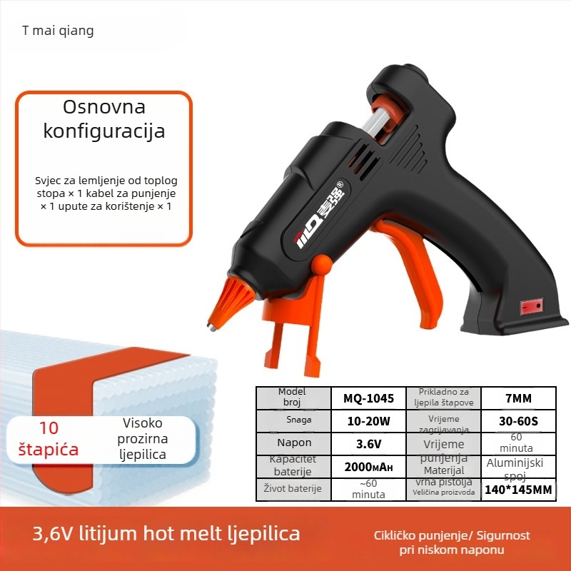 Bežični pištolj za topljeno ljepilo s Li baterijom 3.6V i 7 mm štapićima ljepila