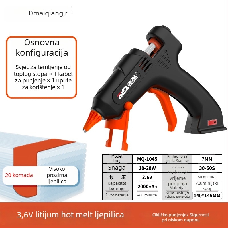 Bežični pištolj za topljeno ljepilo s Li baterijom 3.6V i 7 mm štapićima ljepila
