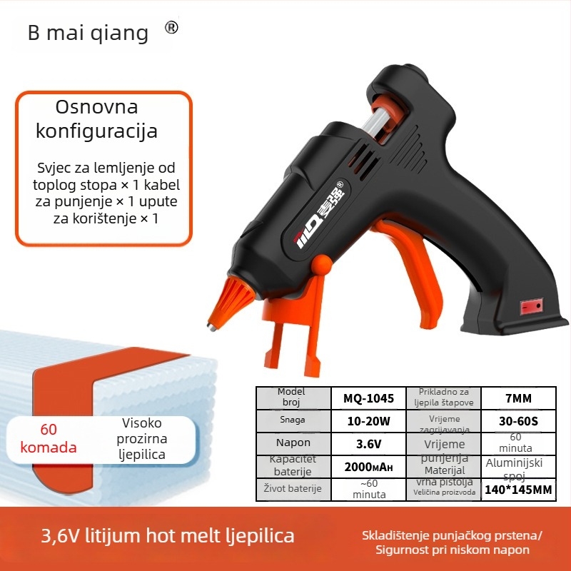 Bežični pištolj za topljeno ljepilo s Li baterijom 3.6V i 7 mm štapićima ljepila
