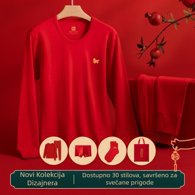 Crveni termični komplet od 100% pamuka, unisex – top i hlače, tanak za jesen-zimu