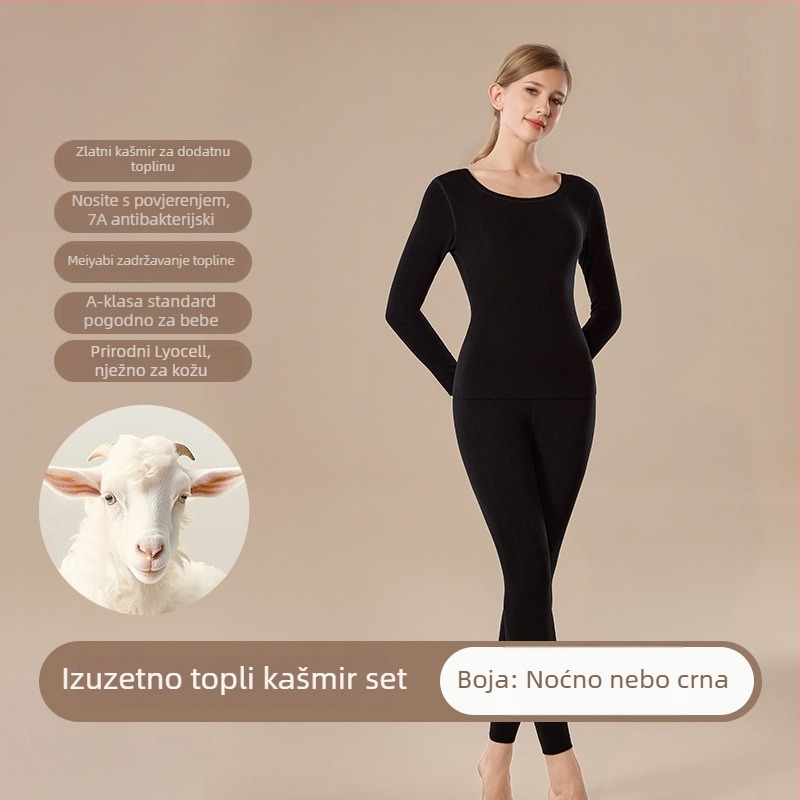 Ženski bezšavni termalni komplet od kašmira i smjese, gornja majica s okruglim izrezom i hlače, dvostruki sloj, debele toplo jesenje odijelo