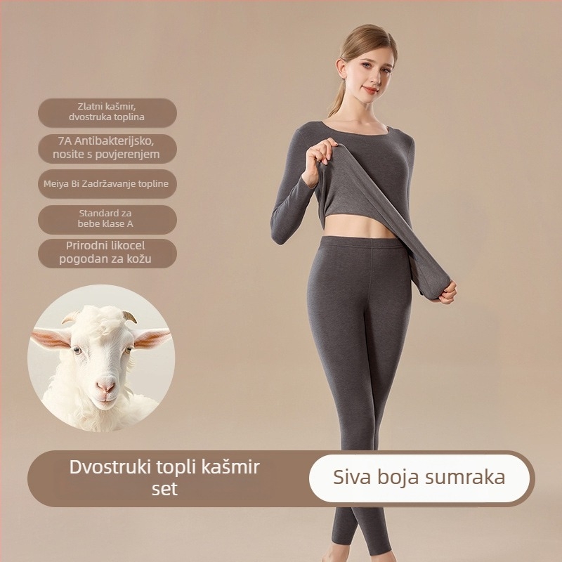 Ženski bezšavni termalni komplet od kašmira i smjese, gornja majica s okruglim izrezom i hlače, dvostruki sloj, debele toplo jesenje odijelo