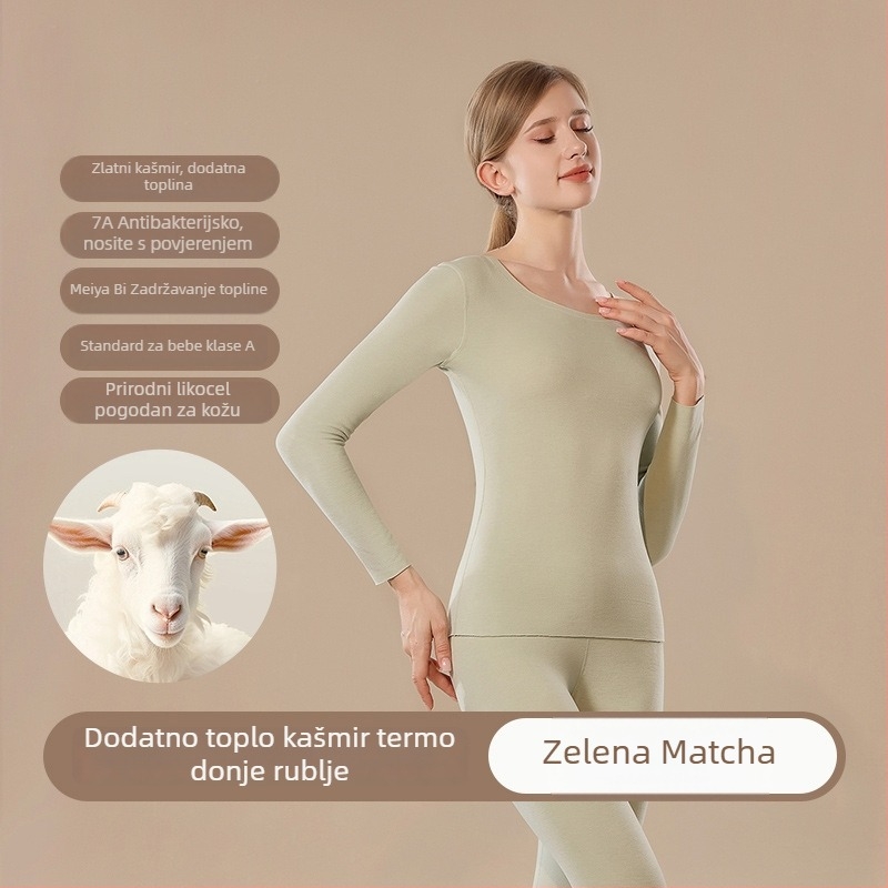 Ženski bezšavni termalni komplet od kašmira i smjese, gornja majica s okruglim izrezom i hlače, dvostruki sloj, debele toplo jesenje odijelo